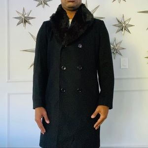 LONGLINE FAUX FUR DOUBLE BREASTED OVERCOAT